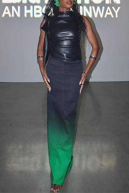 PU Leather Stand Collar Ruched Solid Color Asymmetric Tank Top-Burgundy