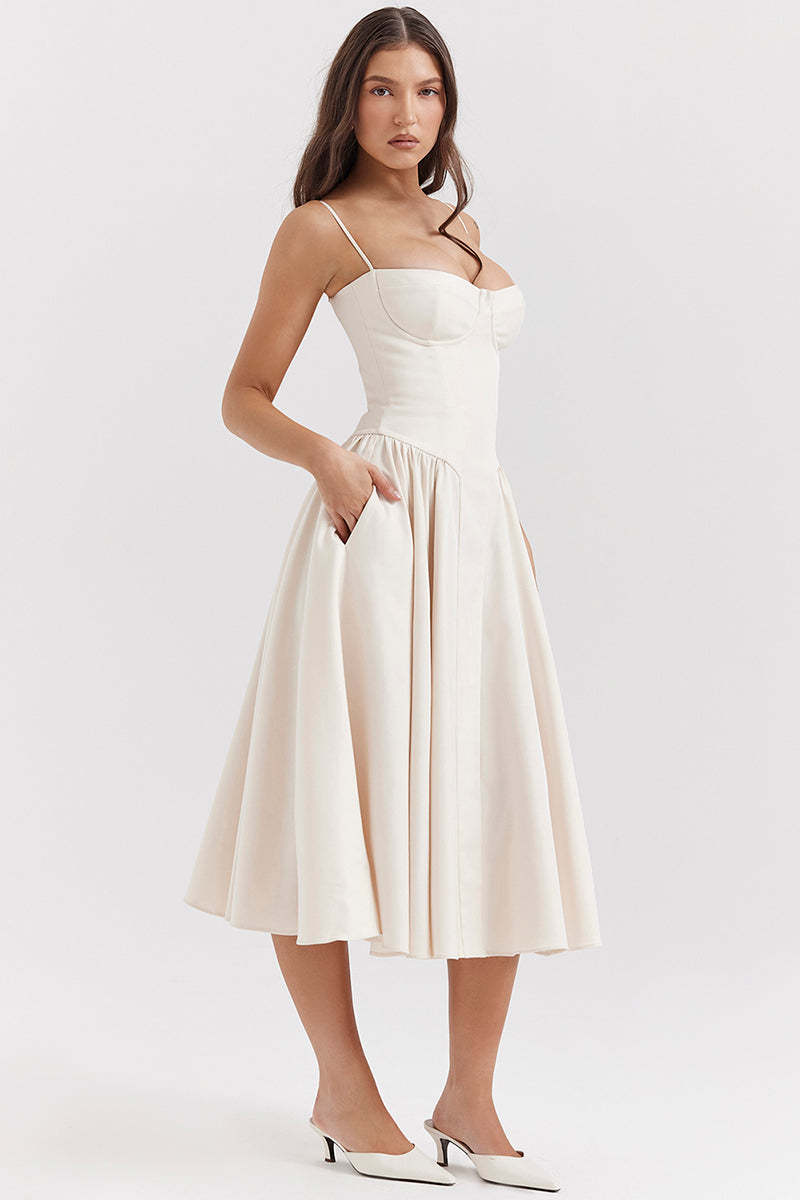 Elegant Cinch Waist Pleated Formal Party Slip Midi Dresses-Beige
