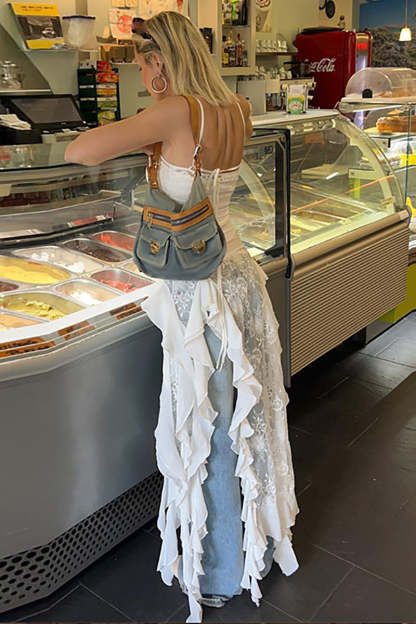 Ruffled Sash Lace Patchwork Spaghetti Strap Slim Fit Irregular Top-White