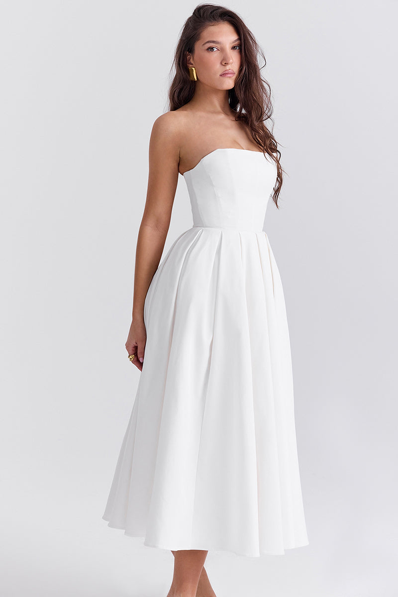 Elegant Strapless Corset Back Zipper Pleated Midi Dresses-White