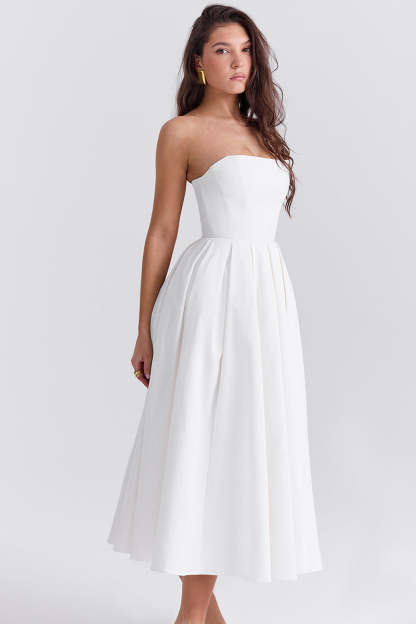 Elegant Strapless Corset Back Zipper Pleated Midi Dresses-White