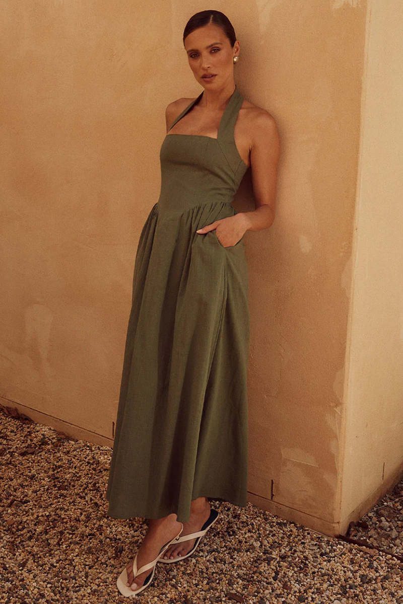 Solid Color Halter Cinch Waist Backless Maxi Dresses-Green