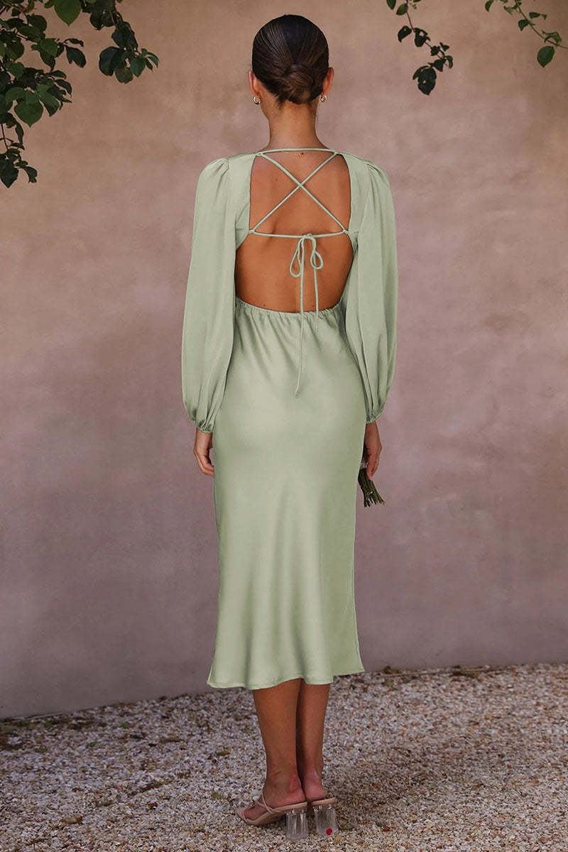 Satin Deep V Neck Lantern Sleeve Tie Up Backless Slim Fit Bridesmaid Gowns Midi Dresses