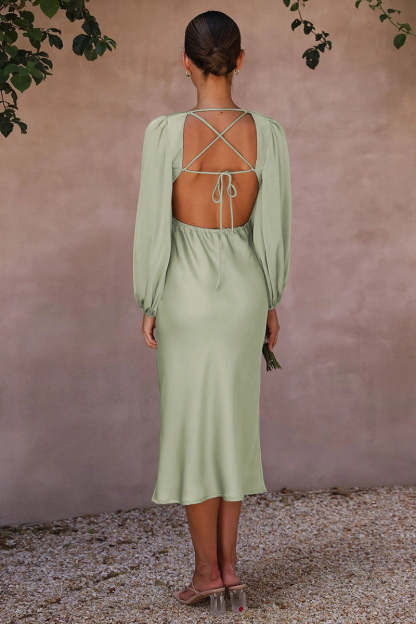 Satin Deep V Neck Lantern Sleeve Tie Up Backless Slim Fit Bridesmaid Gowns Midi Dresses