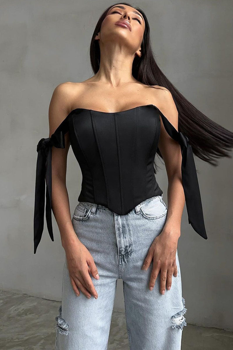 Off Shoulder Ribbon Decor Asymmetric Hem Party Plain Corset Top-Blue