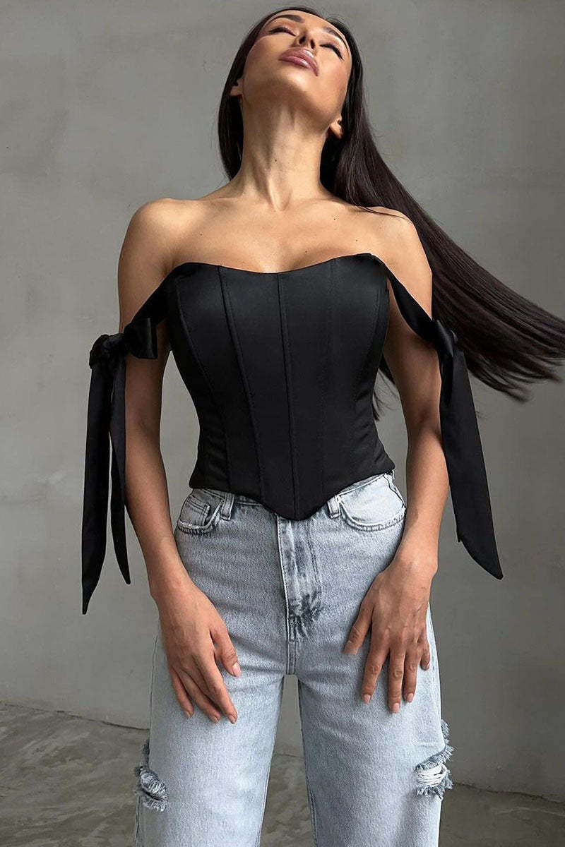 Off Shoulder Ribbon Decor Asymmetric Hem Party Plain Corset Top-Blue