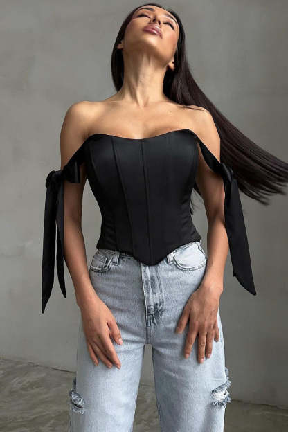 Off Shoulder Ribbon Decor Asymmetric Hem Party Plain Corset Top-Blue