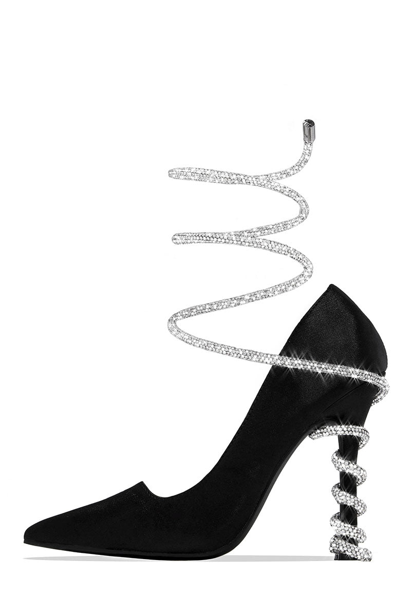 Satin Pointy Toe Rhinestone Spiral Heels Party Pumps