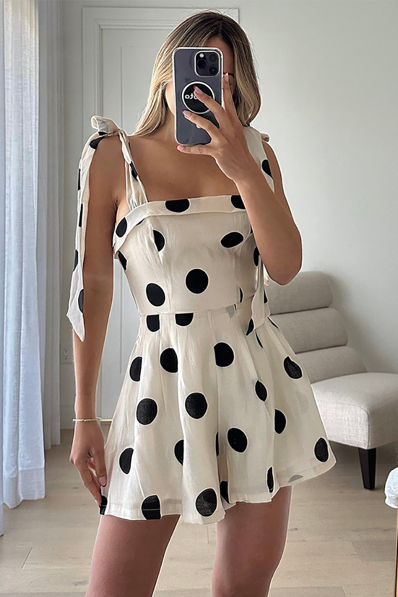 Polka Dot Print Tie Up Straps Cinch Waist Playsuit Romper-Beige
