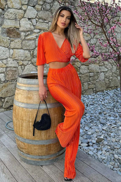 Haif Puffy Sleeve V Neck Tied Up Crop Top Straight Leg Pants Pleated Slim Matching Sets