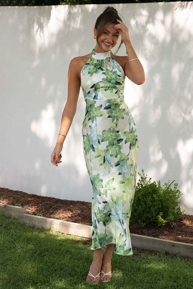Floral Print Halter Backless Flowy Vacation Maxi Dresses
