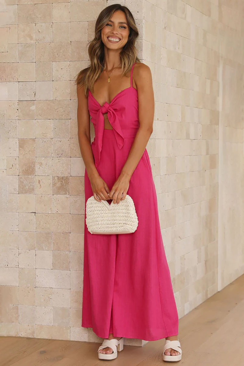 Knotted Cutout V Neck Slip Casual Jumpsuit