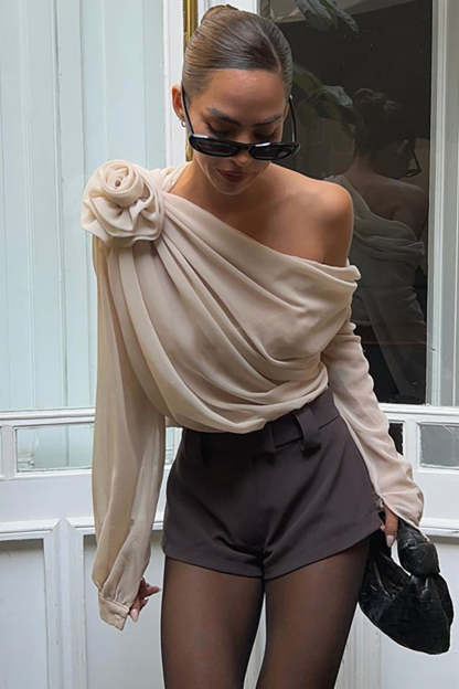 Sloping Shoulder 3D Flower Decor Long Sleeve Mesh Ruched Top-Beige