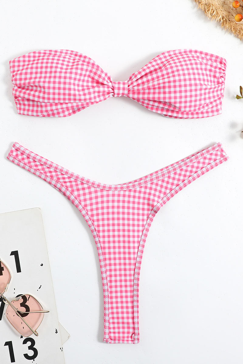Checker Print Strapless Bow Two Piece Bikini Set