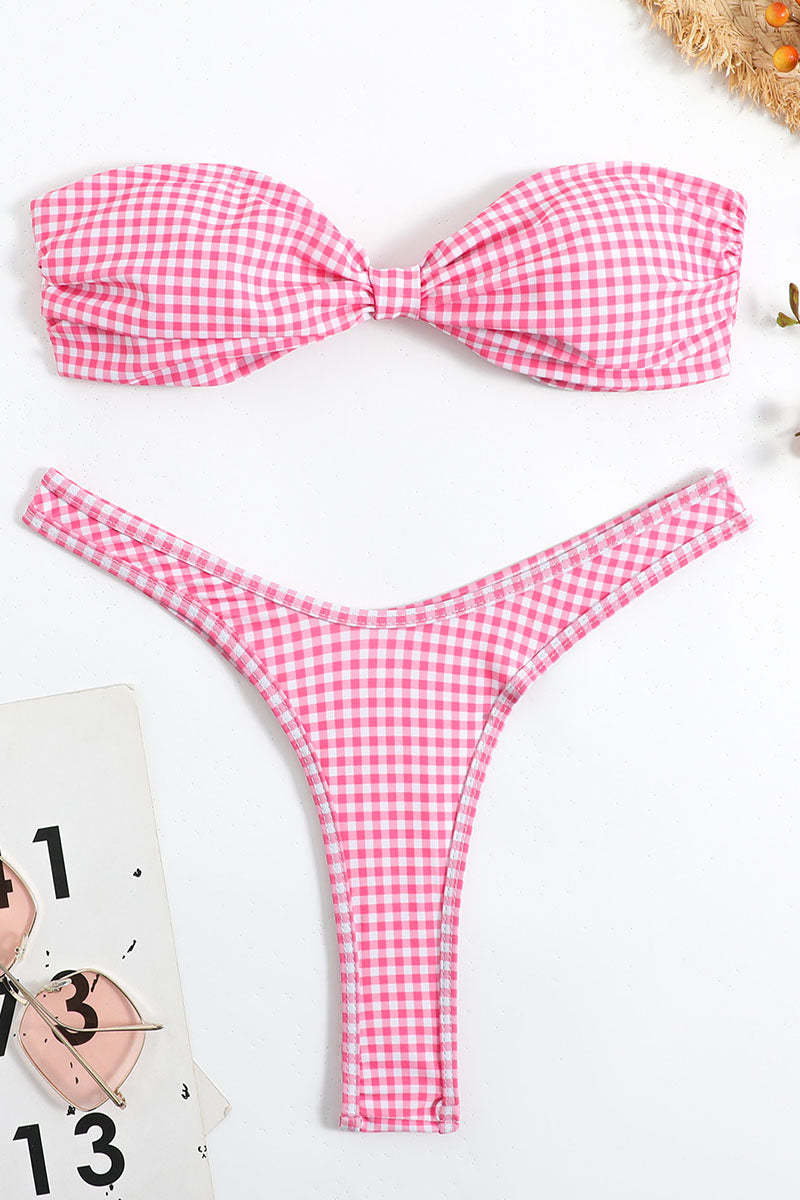 Checker Print Strapless Bow Two Piece Bikini Set