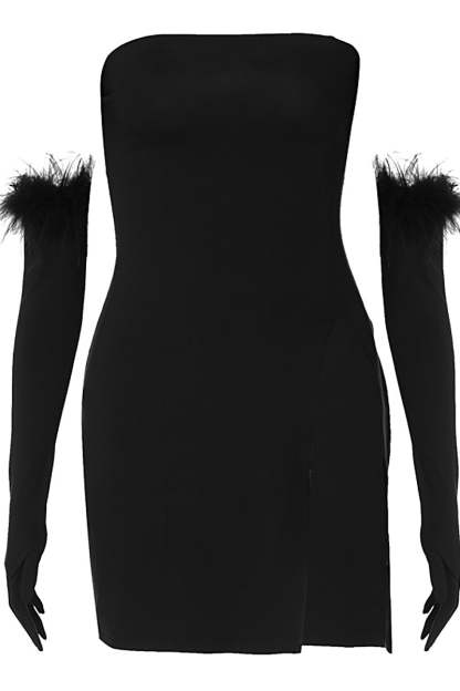 Feather Gloves Tube Split Party Mini Dresses