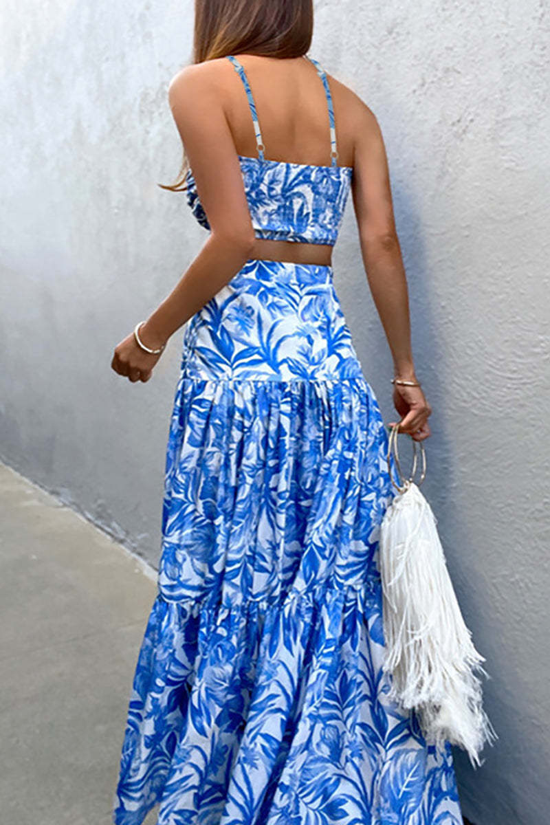 Cami Cutout Tied Up Ruched Tube Top Tiered Pleated Maxi Skirt Floral Print Vacation Matching Sets