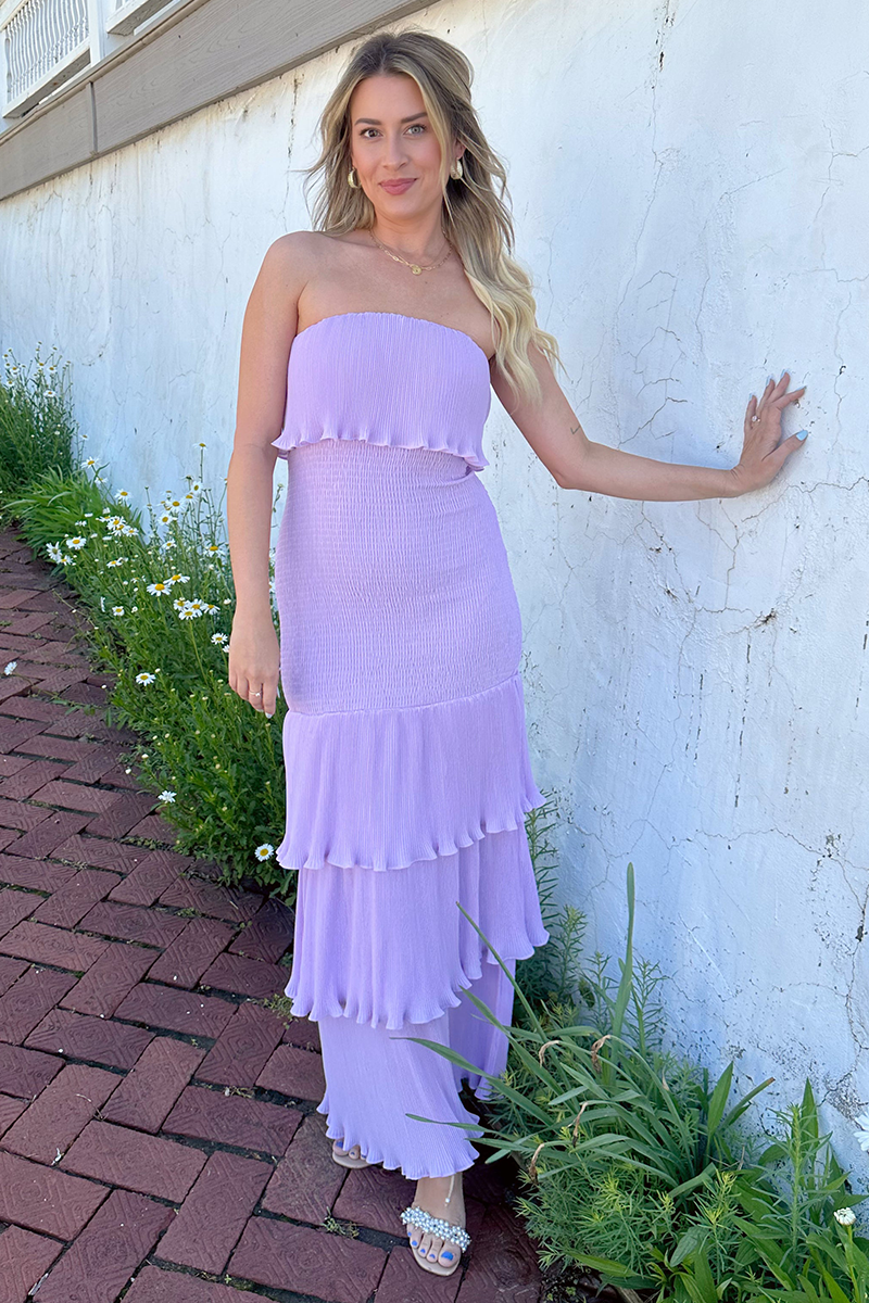 Boat Neck Strapless Layered Ruffled Plain Maxi Dresses-Purple Pre Order
