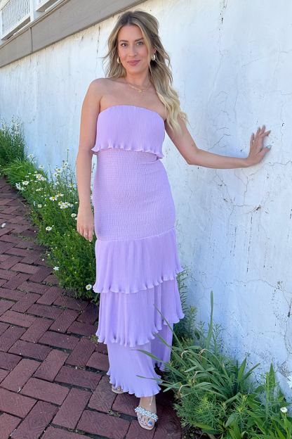 Boat Neck Strapless Layered Ruffled Plain Maxi Dresses-Purple Pre Order