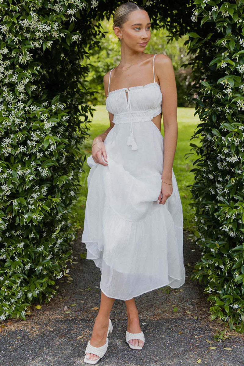 Tied Up Backless Ruched Tiered Pleated Slip Maxi Dress