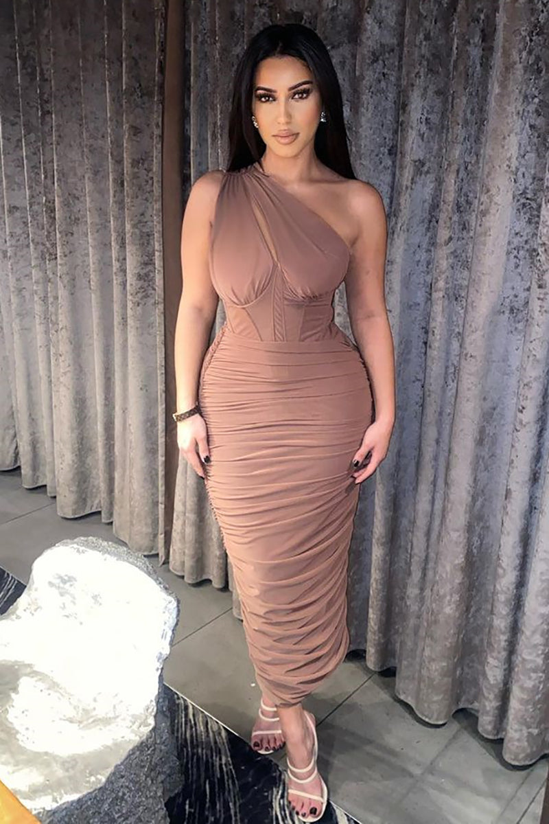 One Shoulder Front Cut Out Corset Ruched Party Midi Dresses