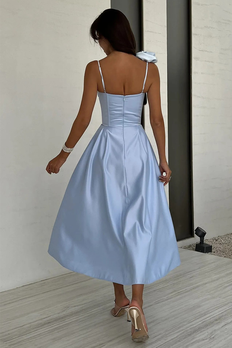 3D Flower Decor Corset A-Line Cutout Gowns Midi Slip Dresses-Blue