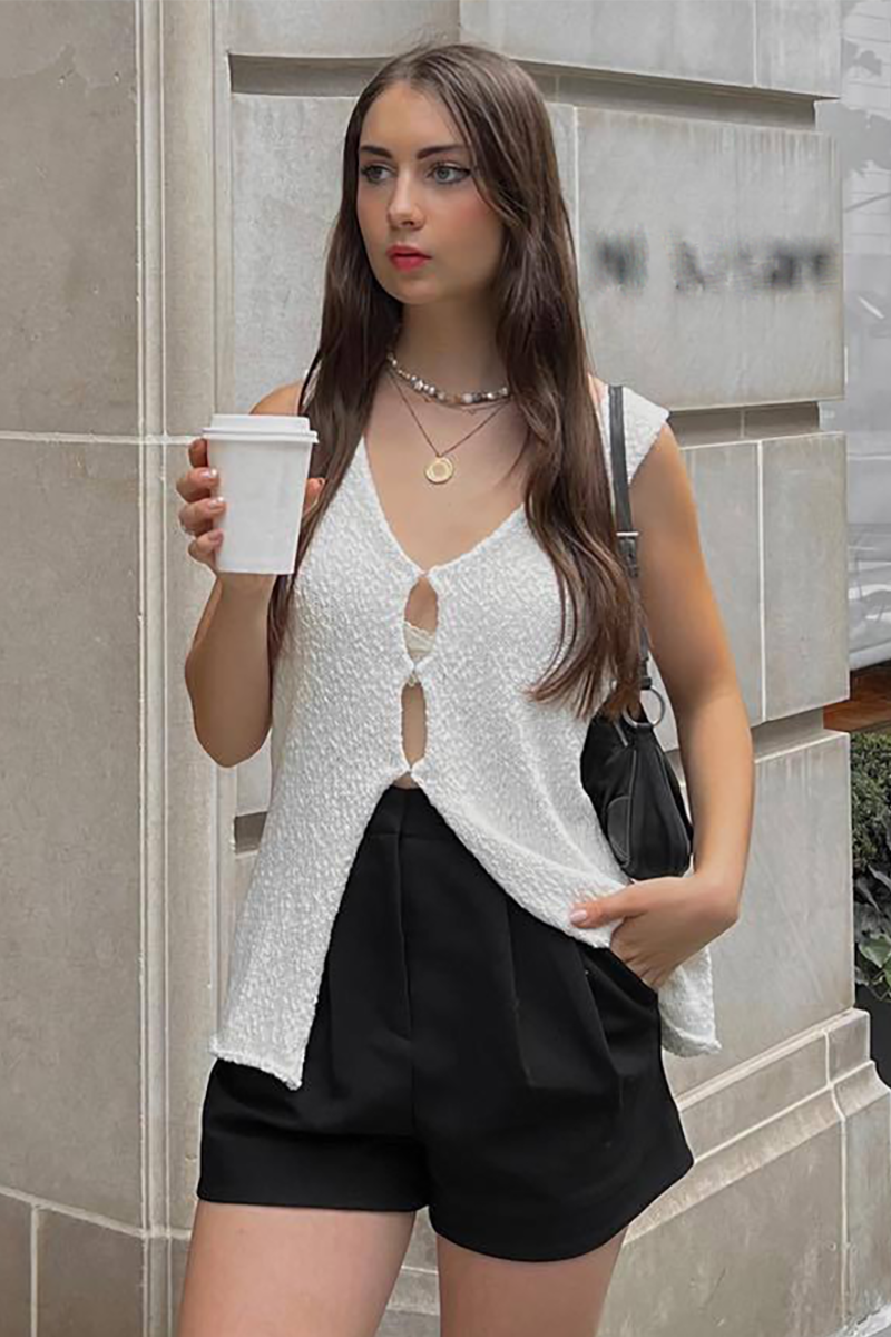 V Neck Cutout Solid Color Front Slit Knit Tank Top-White