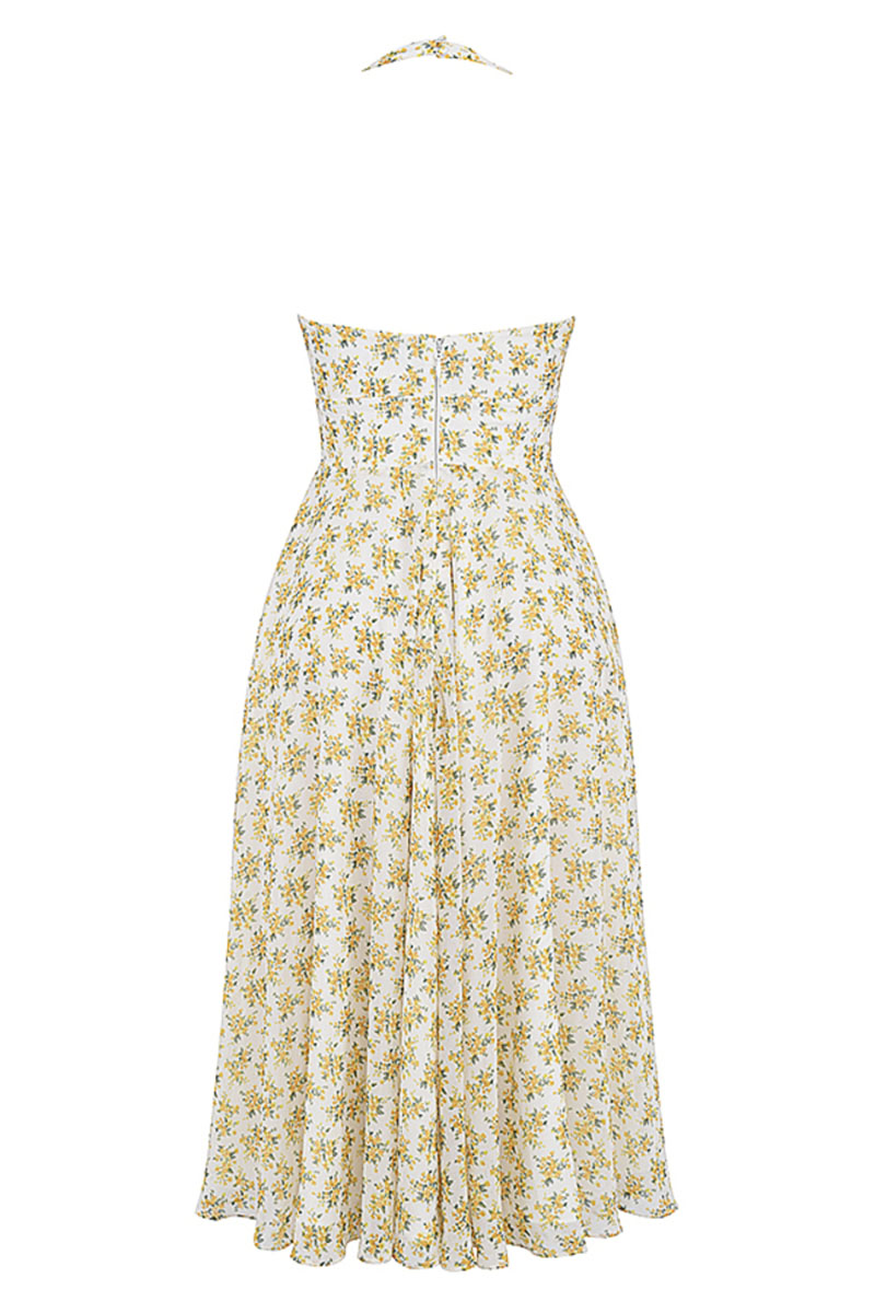 V Neck Halter Cinch Waist Floral Print Pleated Wedding Guest Midi Dresses-Yellow