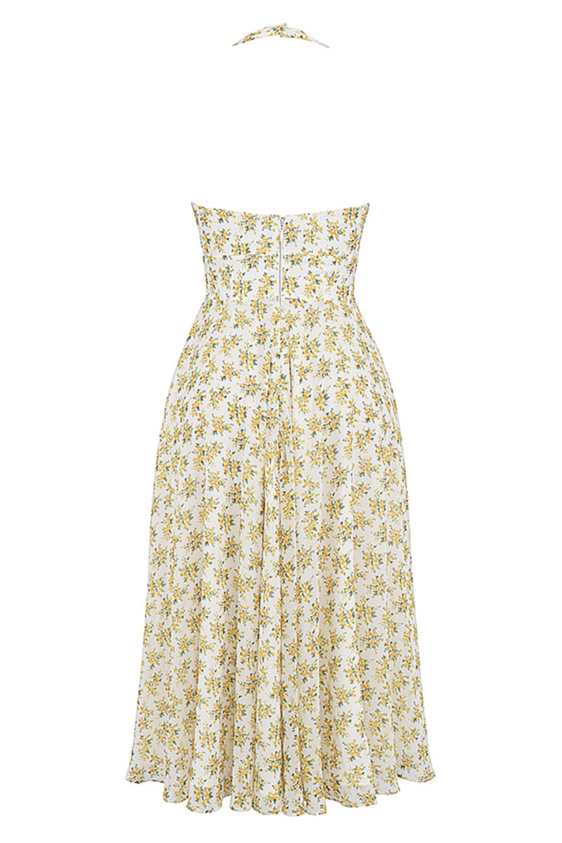 V Neck Halter Cinch Waist Floral Print Pleated Wedding Guest Midi Dresses-Yellow