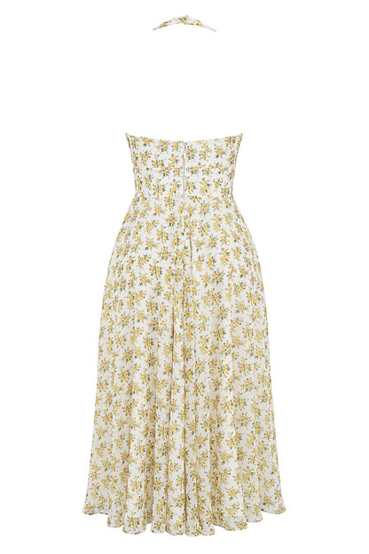 V Neck Halter Cinch Waist Floral Print Pleated Wedding Guest Midi Dresses-Yellow