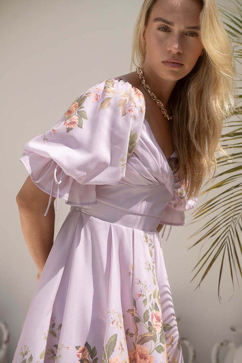 Twisted V Neck Puff Sleeve Floral A-Line Mini Dresses-Purple