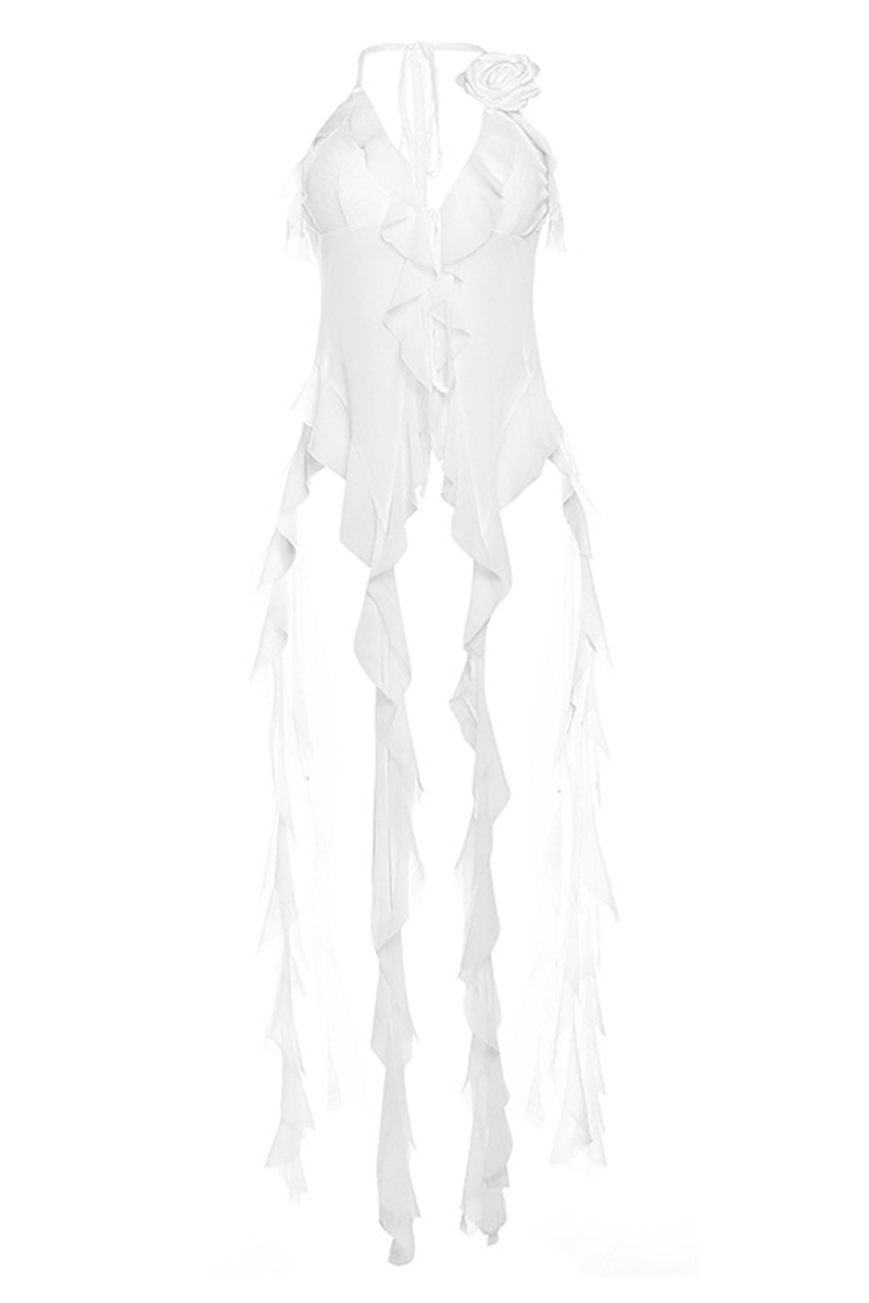 Deep V Neck 3D Flower Decor Halter Asymmetrical Ruffled Top-White