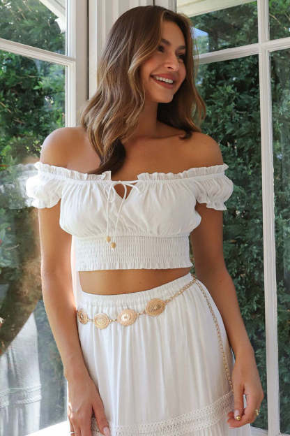 Off Shoulder Short Sleeve Ruched Top Quilted Maxi Skirt Matching Set-White