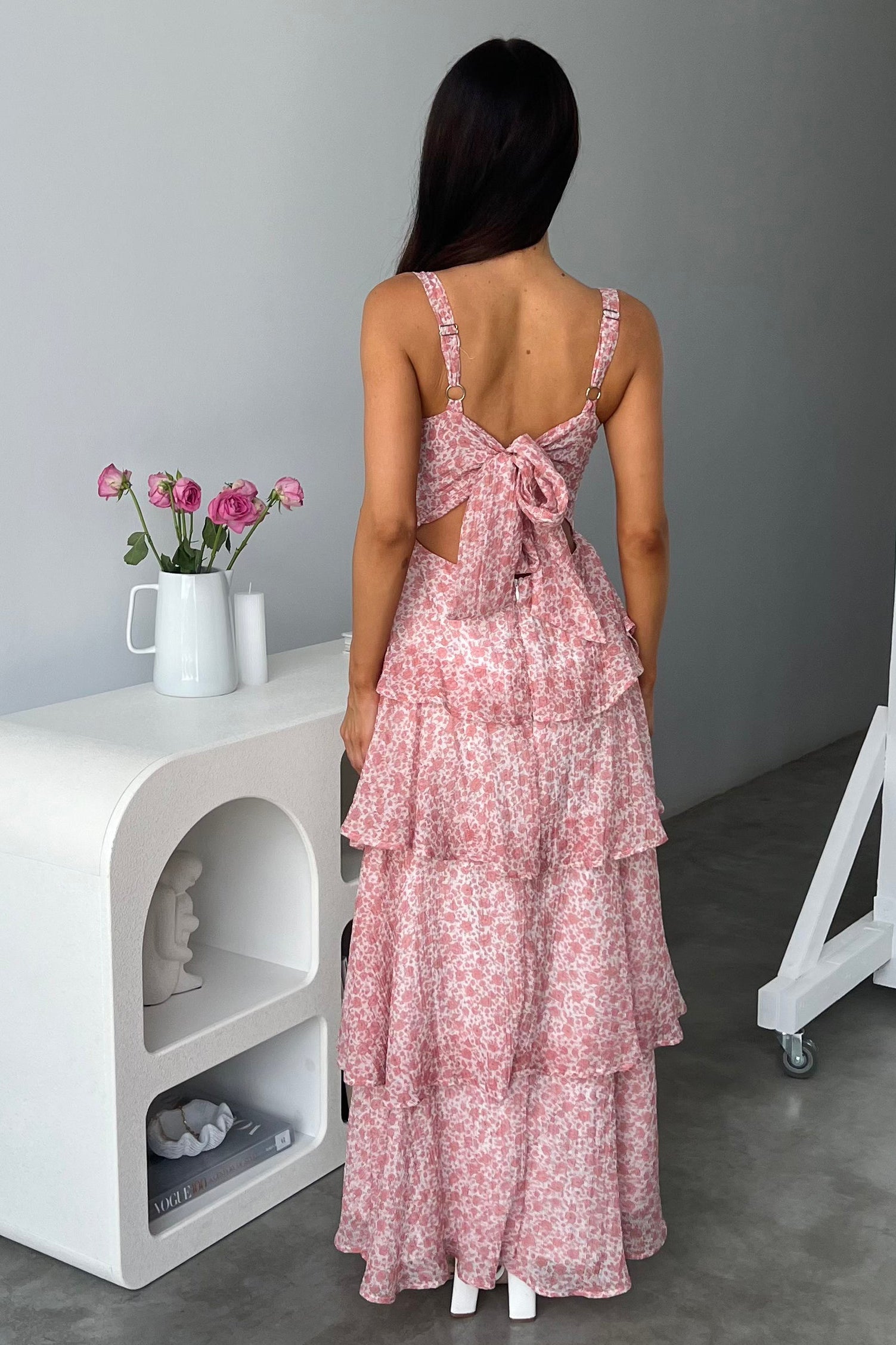 Ditsy Floral Print Tiered Ruffled Maxi Strappy Dresses-Pink