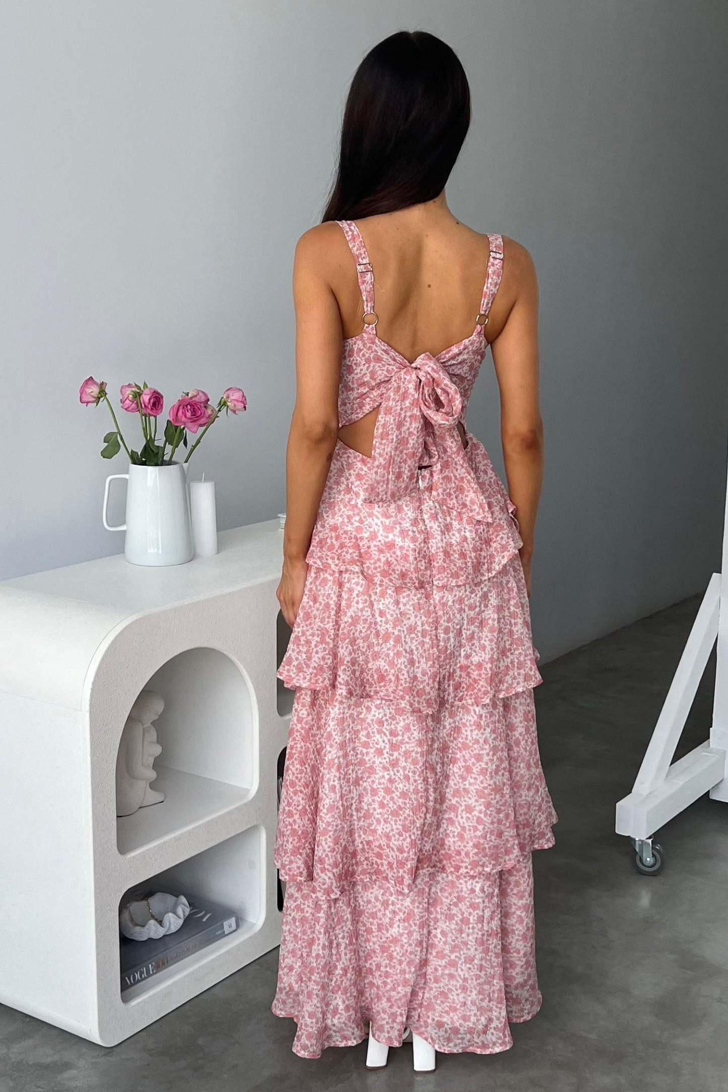 Ditsy Floral Print Tiered Ruffled Maxi Strappy Dresses-Pink