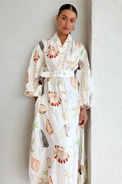 Seashell Starfish Print Lantern Sleeve Button Up Blouse Maxi Dresses-White