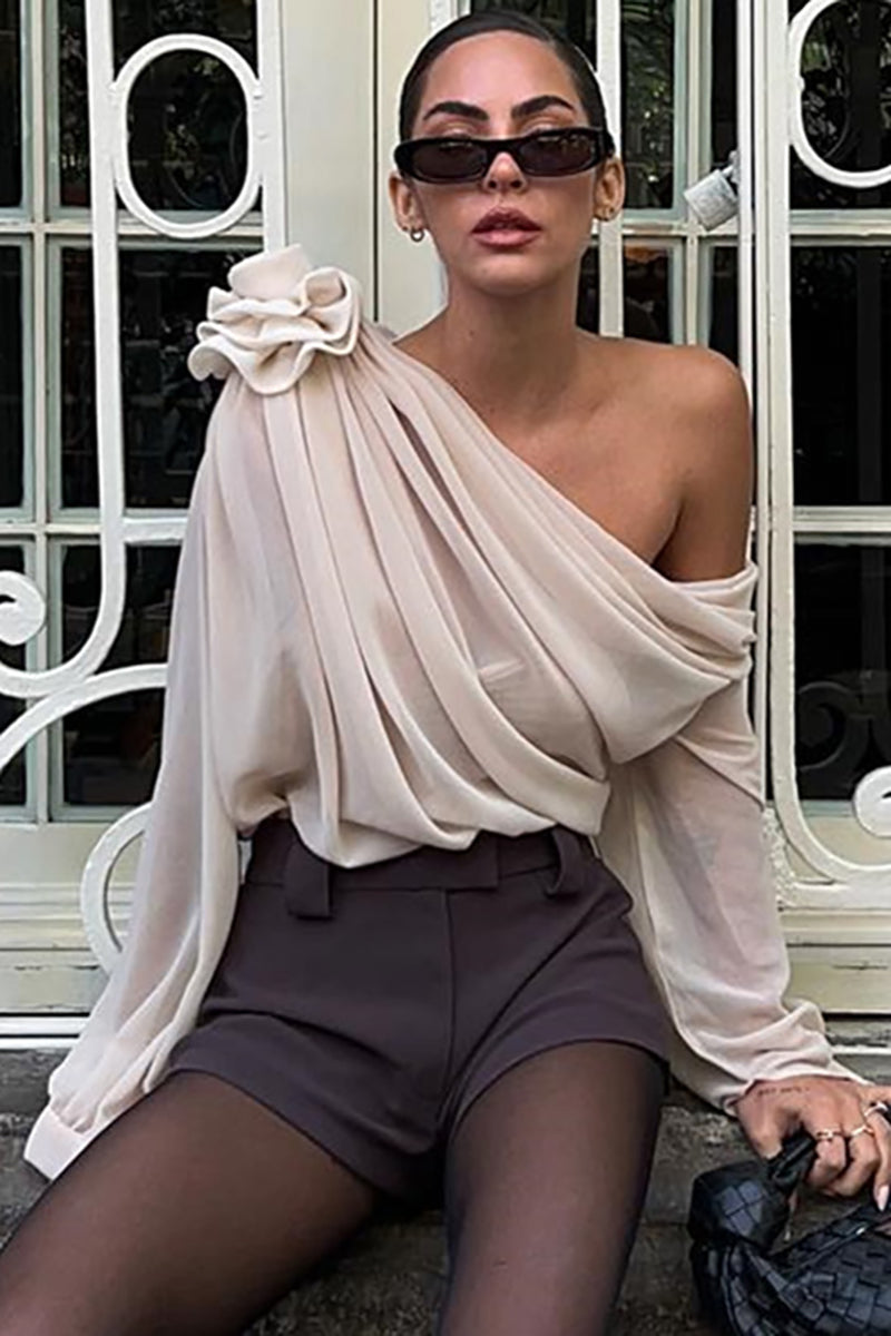 Sloping Shoulder 3D Flower Decor Long Sleeve Mesh Ruched Top-Beige