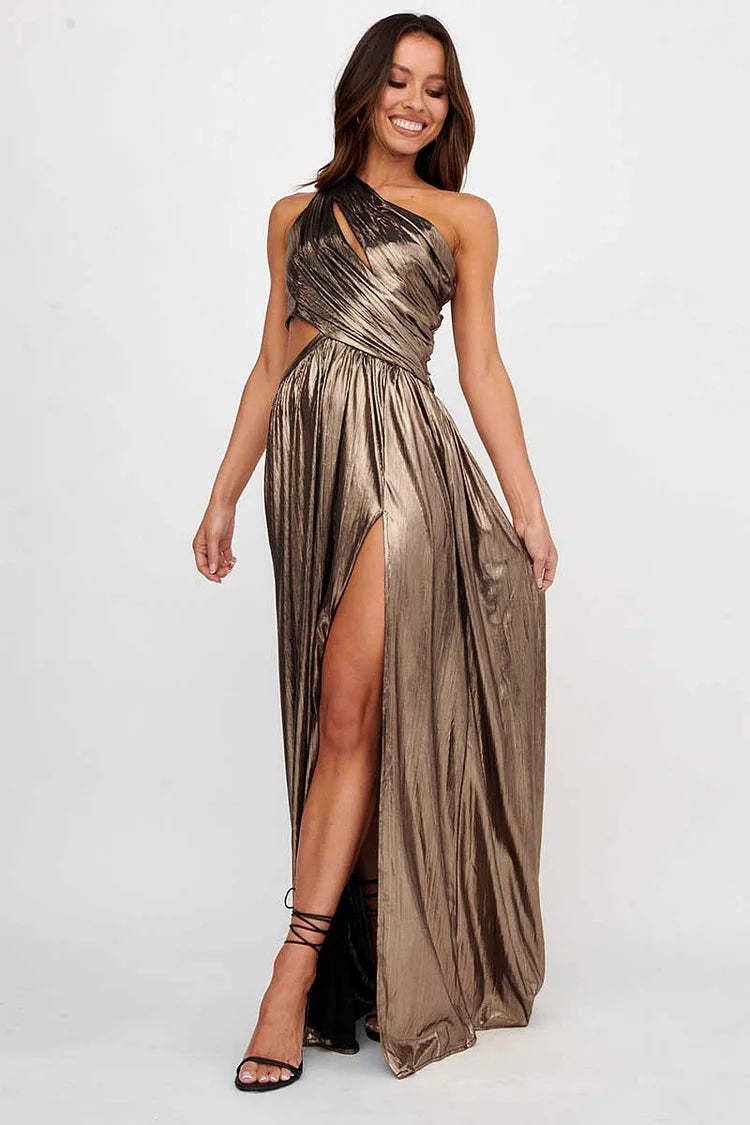 Sheen Metallic Finish One Shoulder Cut Out High Slit Formal Party Maxi Dresses