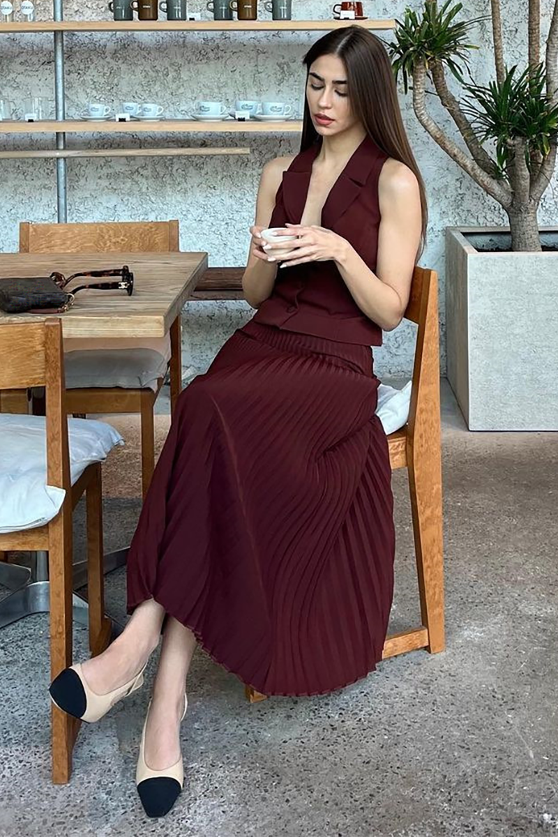 V Neck Waistcoat Pleated Midi Skirt Matching Set-White