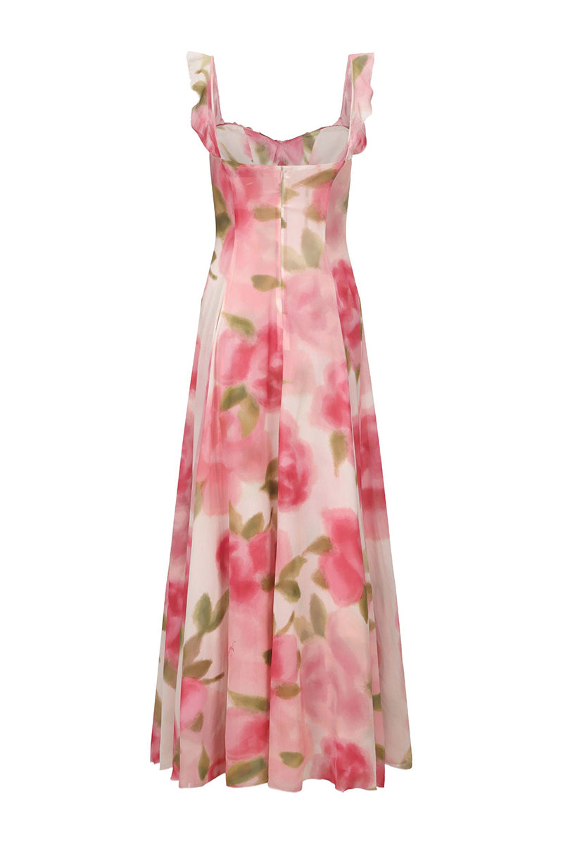 Ruffle Trim Floral Print Sleeveless Vacation Maxi Dresses-Pink