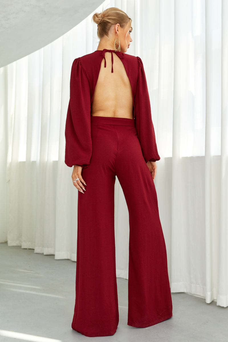Deep V Neck Backless Wide Leg Jumpsuit