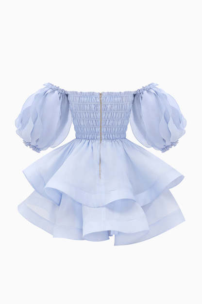 Off Shoulder Puff Sleeve Ruched A-Line Tulle Mini Dresses-Blue