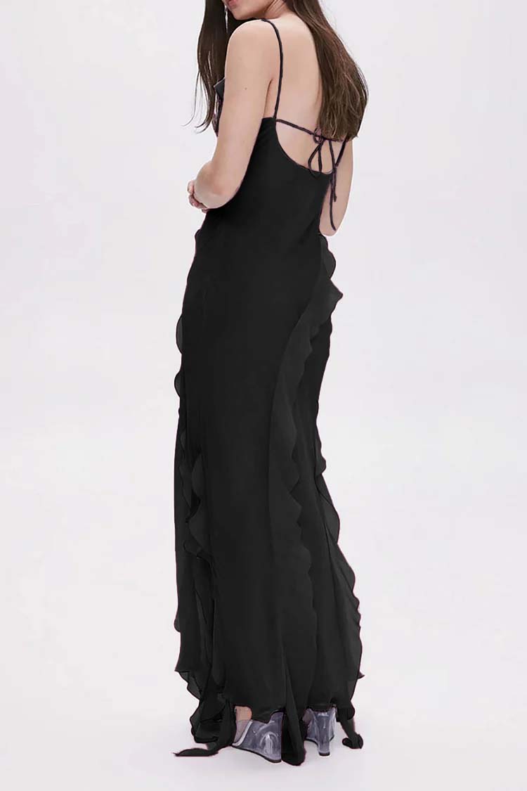 Cami Irregular Neck Ruffle Backless Tied Up Slit Tulle Formal Party Maxi Dress