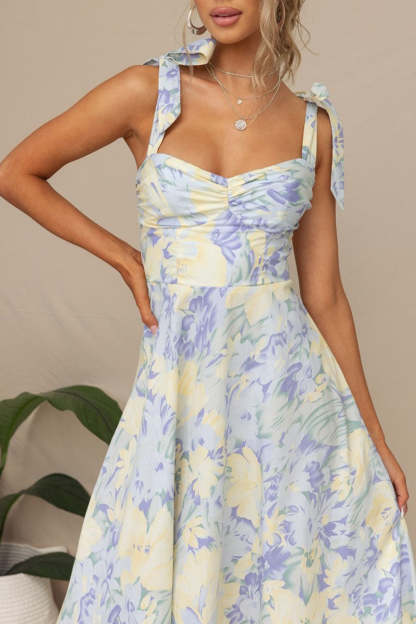 Print Tied Strap Sleeveless Vacation A-Line Midi Dresses