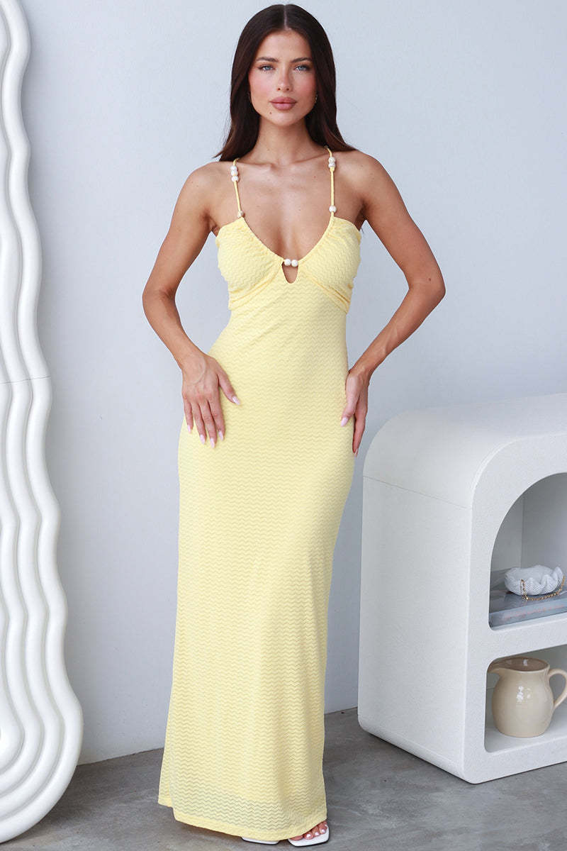 Plunge Neck Spaghetti Strap Slim Fit Jacquard Maxi Dresses-Yellow