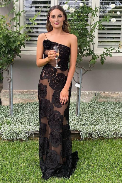 Floral Pattern 3D Flower Decor One Shoulder Sleeveless Maxi Dresses-Black