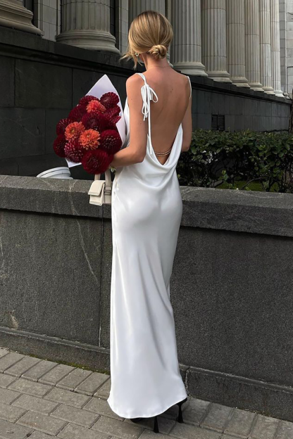 Cowl Neck Backless Chain Decor Side Slit Satin Maxi Slip Dresses-White