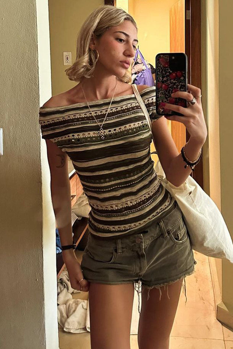 Boat Neck Off Shoulder Boho Pattern Hollow Out Vacation Crop Top-Green