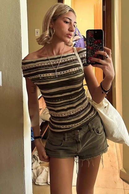 Boat Neck Off Shoulder Boho Pattern Hollow Out Vacation Crop Top-Green