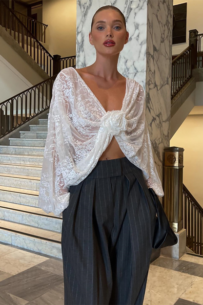 Deep V Neck Batwing Sleeve 3D Flower Decor Jacquard Lace Crop Top-White